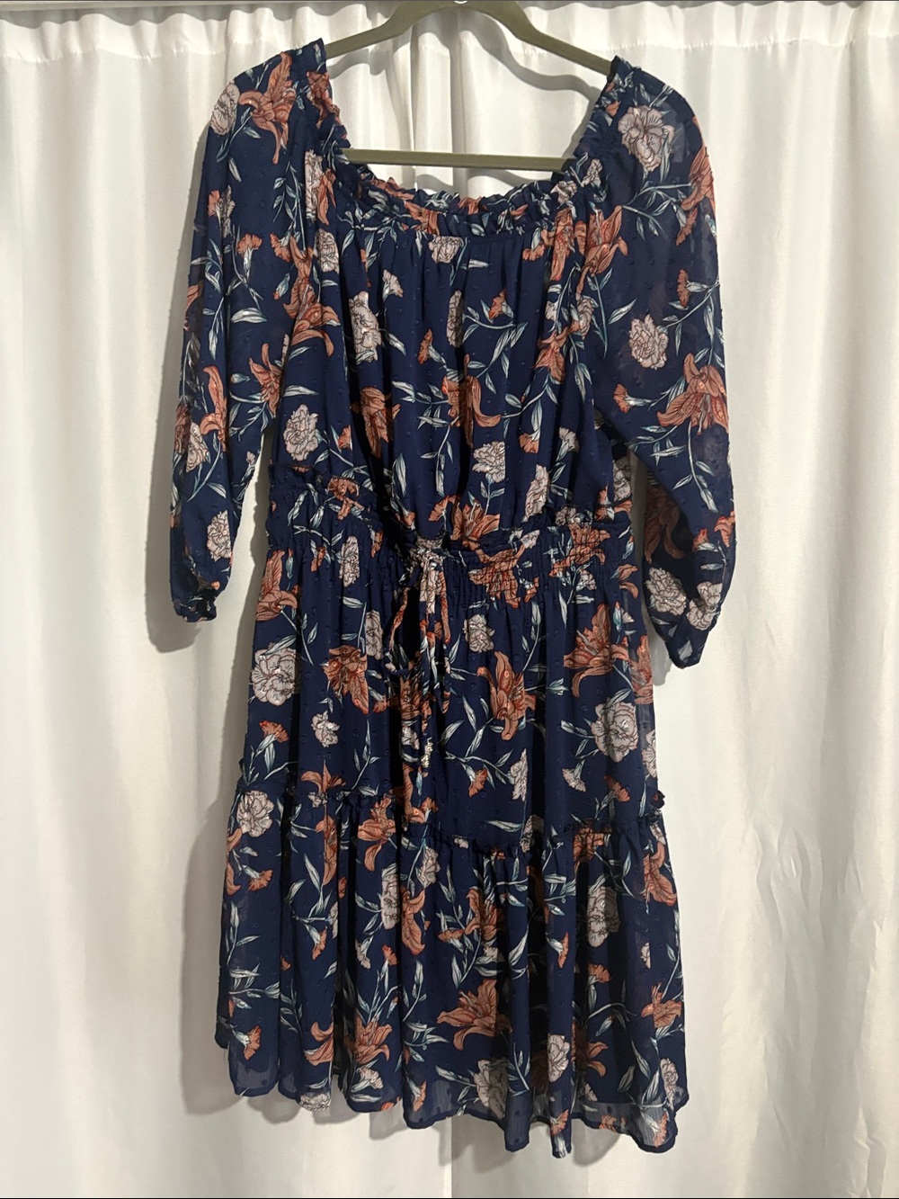 Navy Floral Tiered Midi Dress with Puff Sleeves